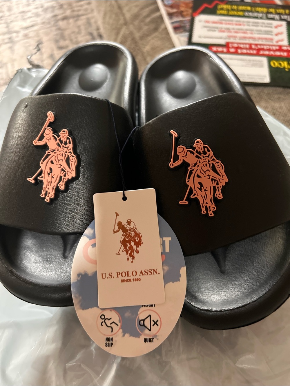 U.S. Polo Assn. Black Slide Sandals with Pink Logo Accent